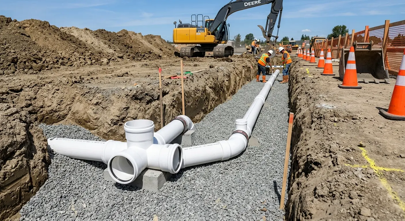 New PVC sewer pipe installation in open trench for Sewer Backup in Four Corners