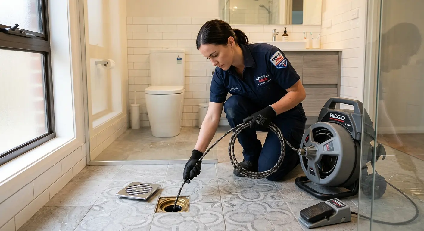 Technician clearing a bathroom floor drain for Drain Cleaning in Four Corners